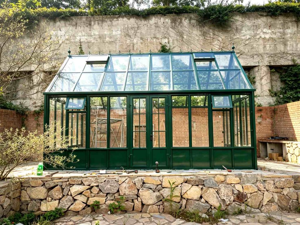 On‑site installation view of RAL6005 moss‑green greenhouse heavy‑duty steel structure frame with insulated glass panels